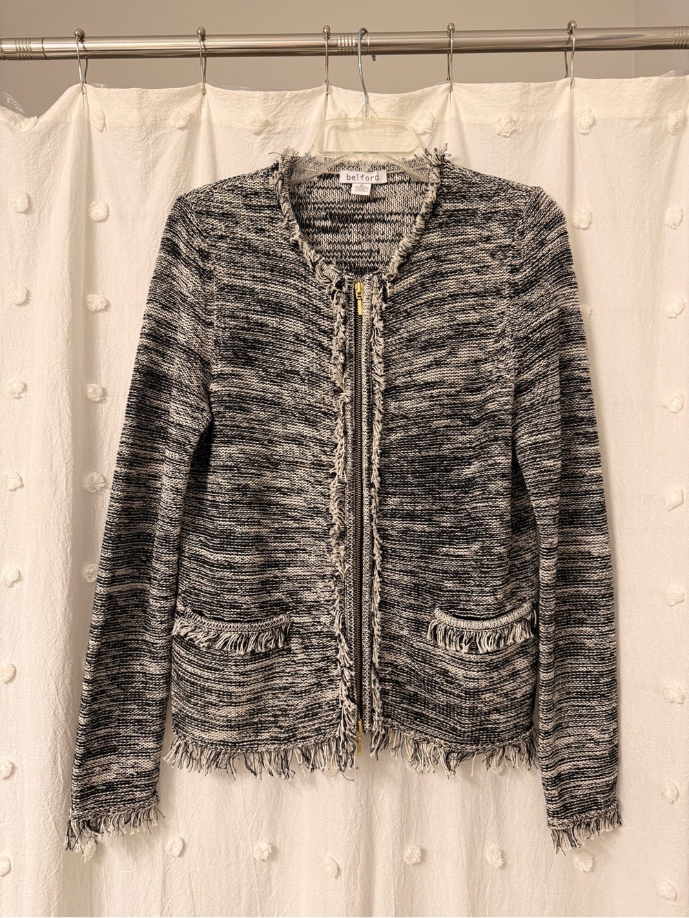 Belford Black & White Fringe Zip Knit Cardigan
